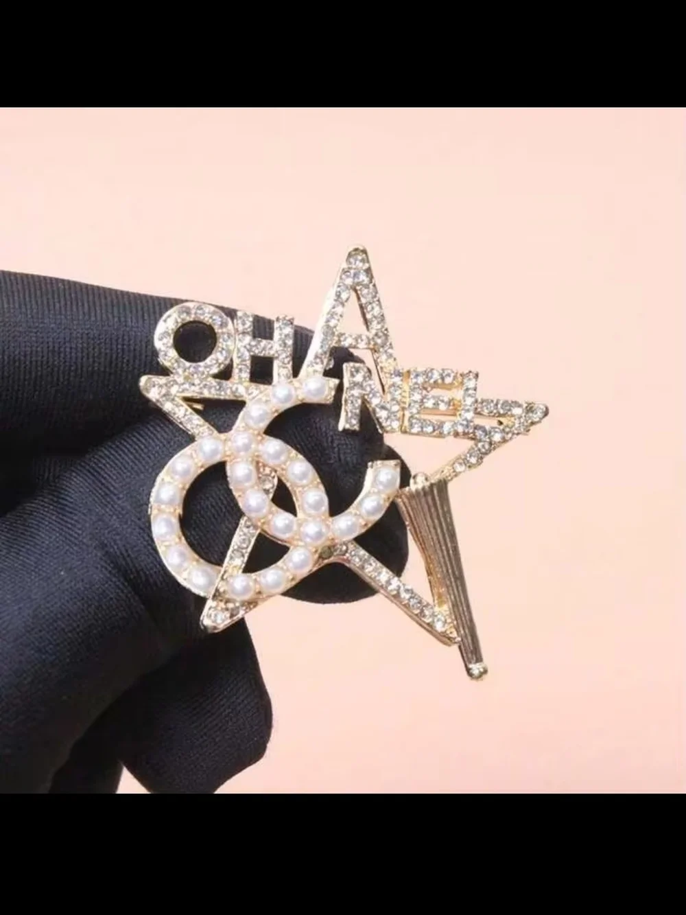Gold-Tone Star Brooch with Pearl CC Accents